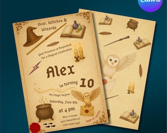 Harry Potter Birthday Invitation Template: Wizard Party, Magical Birthday Card, Editable in Canva