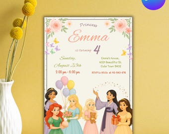 Princess Birthday Invitation: girls invite, Editable Canva Template (Digital Download)