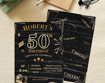 Men's 50th Birthday Invitation Template:  Fifty Party Invite For Him, Fiftieth Men's Evite, Canva