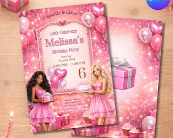 Barbie birthday invitations, pink glitter sparkle party invite, fashion doll, 5x7 template, Canva editable