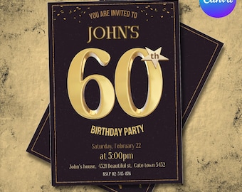 60th Birthday Invitation for Men, Printable and Customizable Party Invite for Him, Editable Sixtieth Template for Canva, Instant Download
