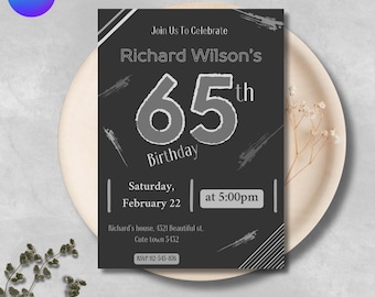Men's 65th Birthday Invitation: Sixty Five Party Invite, Canva Editable