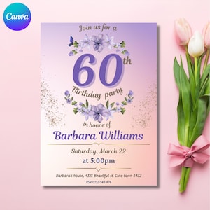 60th Birthday Invitation for Women, Customizable Digital Template for Canva, Sixtieth Party Invite for Her, Instant Download