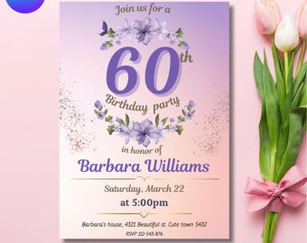 60th Birthday Invitation Template for Women: Elegant Floral Design, Sixtieth Party Invite, Digital Download