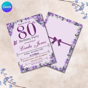 Faire-part 80e anniversaire pour femme, carte 80e anniversaire, faire-part 80e anniversaire pour elle, faire-part 80e anniversaire pour femme, modifiable sur Canva