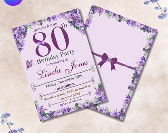 80th Birthday Invitation Template: Eighty Birthday Card, Floral Design (Editable in Canva)
