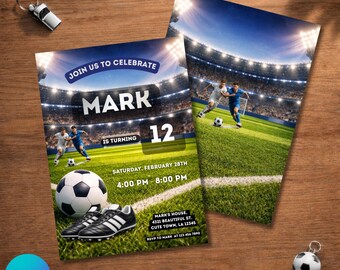 Soccer birthday invitations, soccer party invite, football card, stadium field, digital template, Canva editable