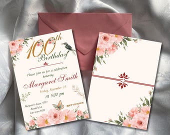 Elegant 100th Birthday Invitation Template: Hundredth Woman Party, 100 Year Old Invitation, Floral Design