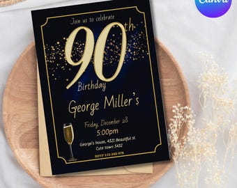 90th Birthday Invitation for Him: Look Who's 90, Editable Canva Template (Digital Download)