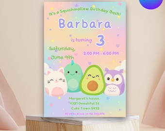 Squishmallow Birthday Invitation: Squishy party invite, Pastel Party Theme (Canva Template)