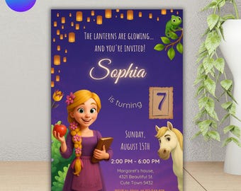 Rapunzel Birthday Invitation: Tangled Princess Party, Lavender Floral (Editable Canva Template)