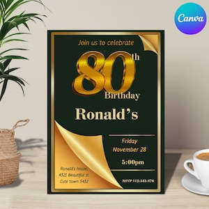 Faire-part 80e anniversaire pour homme, carte 80 ans, invitation Look 80e anniversaire, modèle 80e anniversaire homme modifiable, modifiable sur Canva
