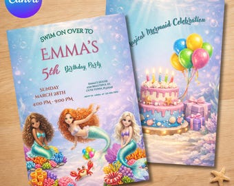 Mermaid birthday invitations, Mermaid Bash, Under the Sea Invite, Ocean Theme Party, Editable Canva Template