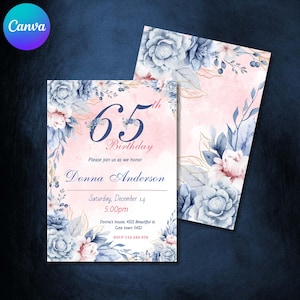Invito per il 65° compleanno per le donne, invito per la festa dei 65 anni, biglietti digitali per il 65° compleanno per lei, modello di compleanno per donne, modificabile Canva