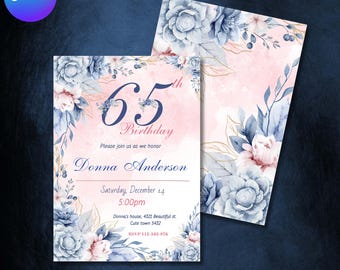 65th Birthday Invitation For Women, Sixty Five Party Invite Elegant Women's Party, Canva Editable