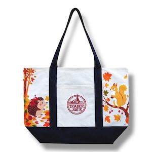 Hand Painted Trader Joe’s Large Canvas Tote Bag – Fall Squirrel Hedgehog Woodland Animals | Washable Art Grocery Market Bag | Autumn Gift