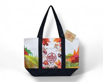 Handpainted Trader Joe’s Large Canvas Tote Bag – Fall Design | Autumn Leaves & Mushrooms | Washable, Unique Art, Eco Grocery or Gift Bag