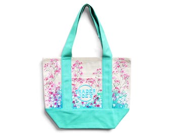 Hand Painted Trader Joe’s Mini Tote Bag – Pink Wildflower Tote – Teal Pastel Canvas Bag – Small Floral Gift for Her, Mother’s Day