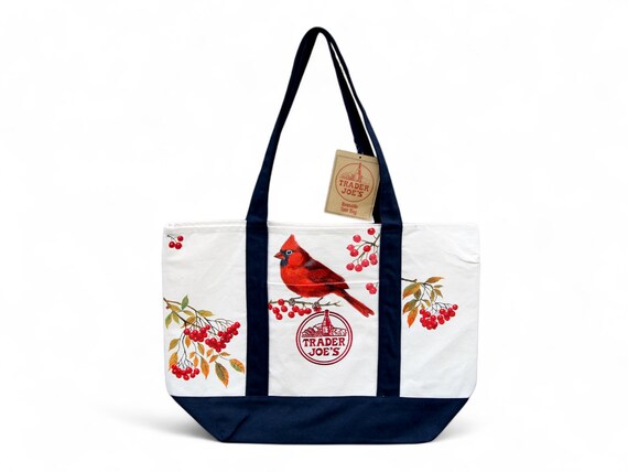Hand-Painted Trader Joe’s Canvas Tote Bag | Red Cardinal & Berry Design | Washable Reusable Market Bag Large Tote | Unique Bird Lover Gift