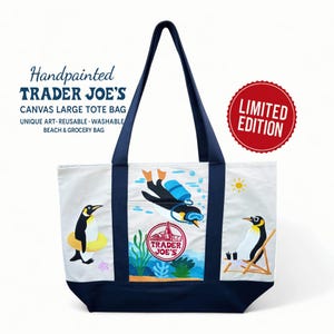 Handpainted Penguin Canvas Tote Bag – Large Trader Joe’s Bag | Unique Art, Reusable, Washable, Birthday Gift, Beach or Grocery Tote