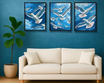 Seagull Bird Framed Paintings, Handpainted Coastal Wall Art, Handmade Acrylic Paintings Artwork, Beach House Office Living Room Wall Decor