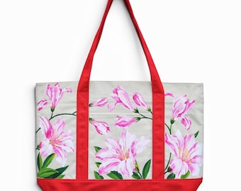 Hand Painted Pink Lily Zip Canvas Tote Bag – Large Floral Tote Bag – Red Canvas Shoulder Bag – Botanical Market Tote – Reusable Everyday Bag