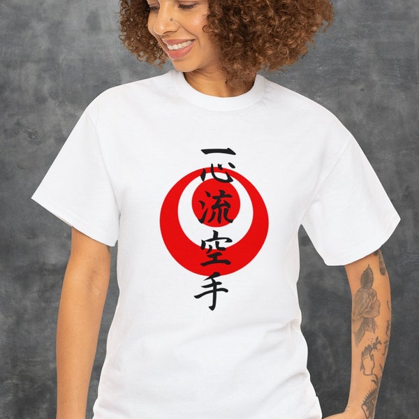 Isshinryu karate t-shirt with the Okinawan flag behind the kanji