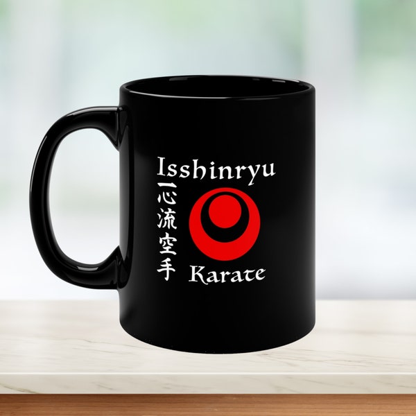 Isshinryu Karate 11 oz coffee mug design featuring Isshinryu Kanji and Okinawa flag