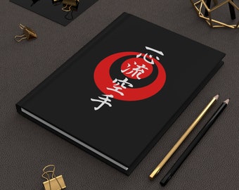 Isshinryu Karate Journal with Isshinryu Kanji and Okinawa flag on a black background, Isshinryu karate gift