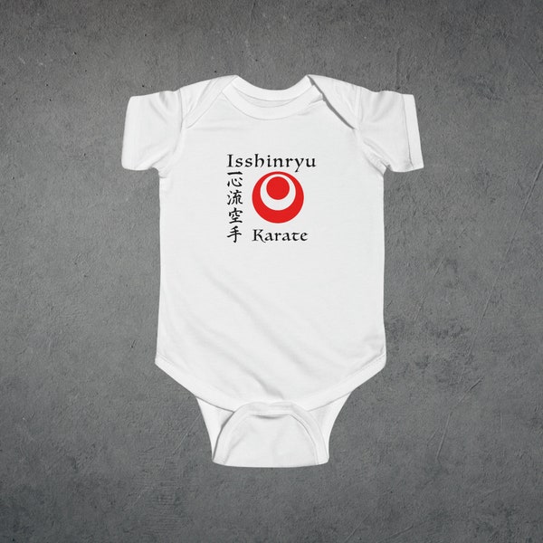 Infant Isshinryu karate onesie with Okinawan flag and kanji design in a square pattern. It would make a great baby shower or newborn gift