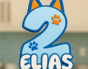 Blue Dog Birthday Cake Topper: Personalized Name, Age Topper