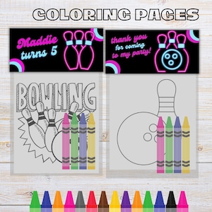 Puede incluir: Un conjunto de dos páginas para colorear imprimibles con temática de bolos. La primera página tiene las palabras "Bowling" y una bola y unos bolos. La segunda página tiene un bolo y una bola. Ambas páginas incluyen lápices de colores.