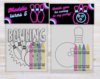 May include: A set of two printable coloring pages featuring a bowling theme. The first page has the words "Bowling" and a bowling ball and pins. The second page has a bowling pin and ball. Both pages include crayons.