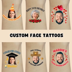 Custom Face Tattoos, Custom Personalized Birthday Party Tattoos, Birthday Party Decorations, Gifts for him her, 30th, 40th Tattoos