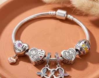 I Love You Mom Charm, Sterling Silver Sister Heart, Linked Hearts, Family Bead