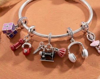 Hobby Charm, 925 Silver Puzzle Cube Dumbbell Headphones, Choose Your Style