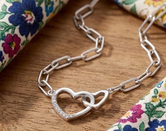 Crystal Heart & Infinity Knot Necklace 925 Silver, Sparkly Rhinestone Pendant