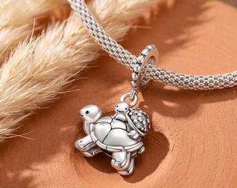 Mama And Baby Turtle Dangle Charm, CZ Shell Detail, 925 Silver Bracelet Pendant