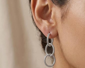 Silver Twisted Link Chain Hoop Earrings, Lightweight Statement Dangle Hoops