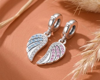 Angel Wing Friendship Charm Set, Blue Pink CZ, Silver Sparkly Pair