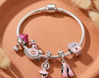 Ballerina and Unicorn Charms, Sterling Silver Ballet Shoes, Girl Bead and Pink Watch