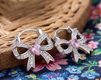 Pink Heart Bow Earrings, Romantic Pink Stone, Elegant Ribbon Style