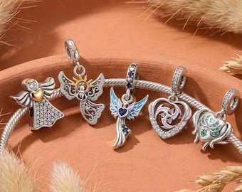 Guardian Angel Charm, 925 Silver Heart Wings Memorial Dangle, Choose Your Style