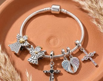 Guardian Angel and Cross Charm, Sterling Silver Halo Bead, Wing Pair, Infinity Cross