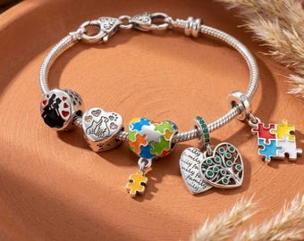 Autism Awareness Puzzle Charm, Sterling Silver Pet Heart, Family Tree, Always In My Heart
