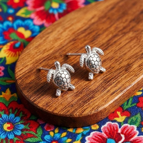 Tiny Turtle Earrings, Silver Studs, Everyday Jewe… - image 1