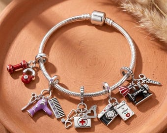 Hairdresser, Nurse and Seamstress Charms, Sterling Silver Gym Dumbbell, School Camera