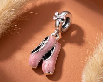 Pink Ballet Shoes Charm, 925 Sterling Silver Dancer Slippers Dangle for Bracelet
