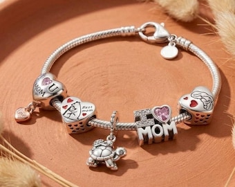 Best Mom Charm in S925 Silver, Bear Hug Heart, New Parents, Little Girl Bead