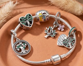 Family Tree Charms, 925 Silver Tree of Life Heart, Happy Family Bead, Blossom Dangle